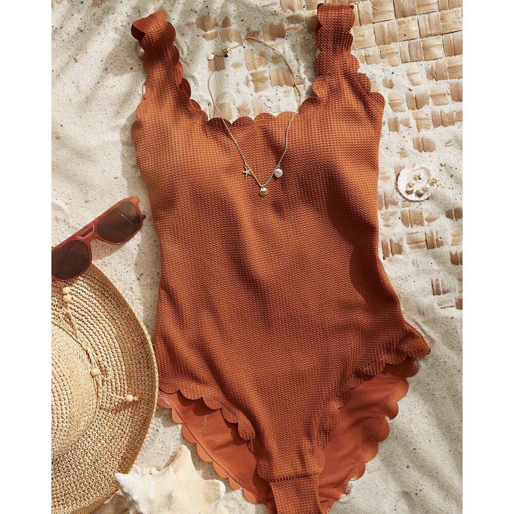Aerie Swimsuit One Piece Waffle Scalloped‎ Brown Large